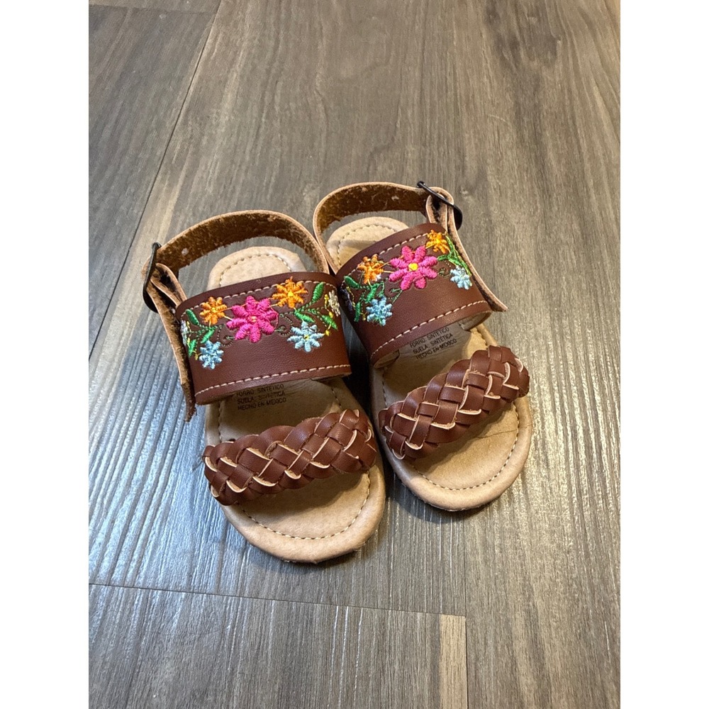 Mexico en la Piel Sandals Baby Girl Size 2 Brown Embroidered Floral Leather